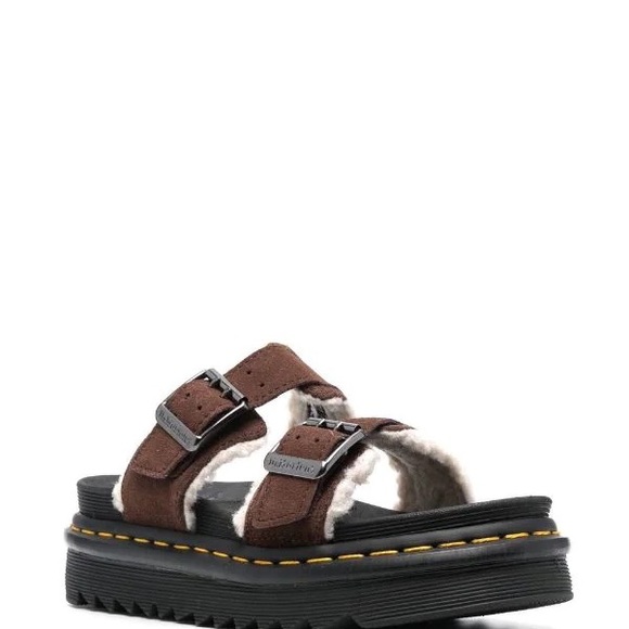 DR. MARTENS | Brown fur lined couture platform spring summer “Myles” sandal flat - Picture 2 of 16